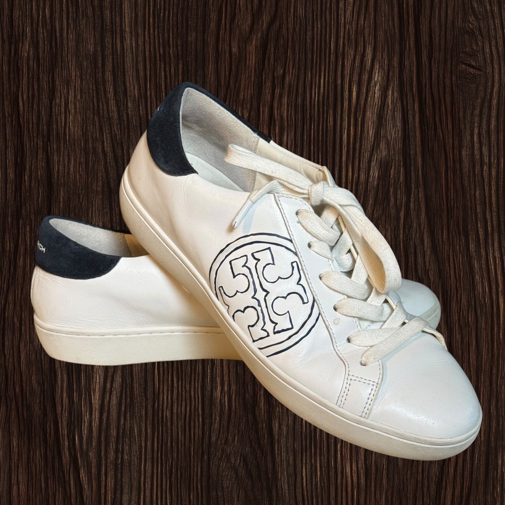 Tory Burch T Logo Sneakers White And Navy Blue Leather Size 8.5M Womens SN 60847